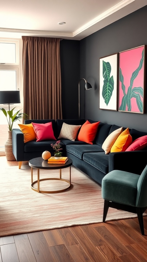 Stylish living room featuring a black couch with colorful cushions, a black coffee table, and decorative wall art.