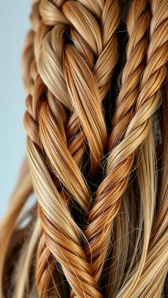 Close-up of intricately braided ginger hair with subtle highlights