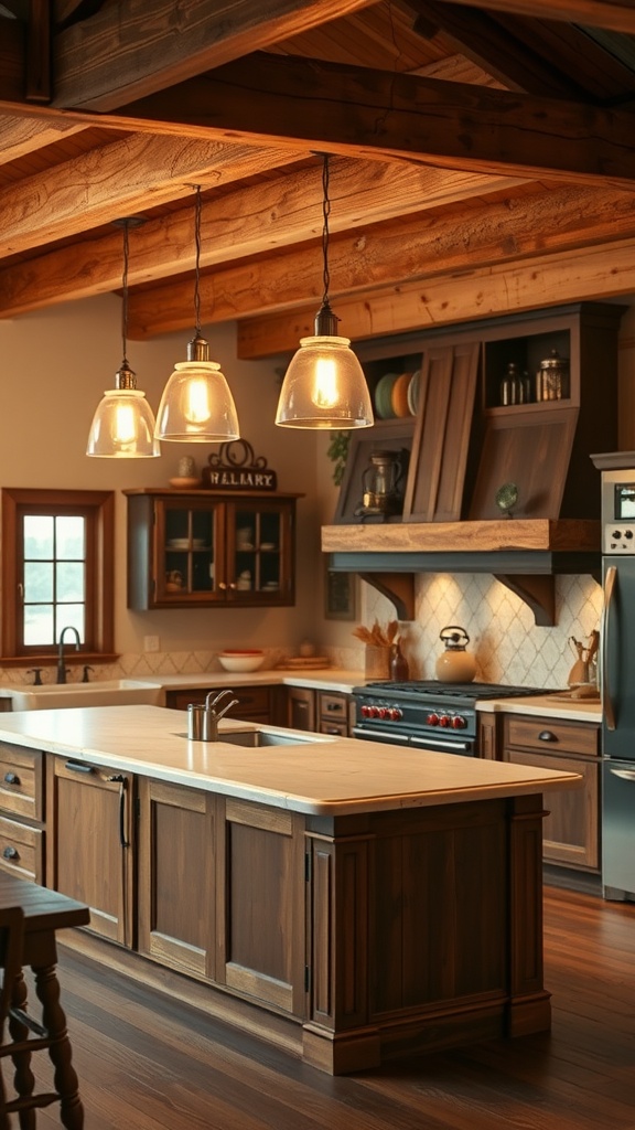 Rustic farmhouse kitchen with a wooden island and pendant lighting