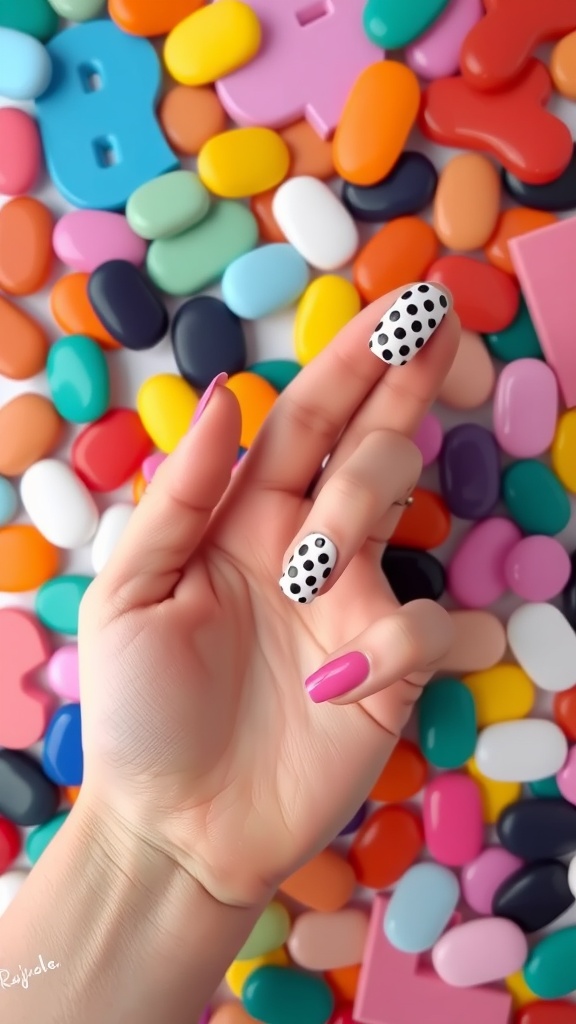 A hand displaying black and white polka dot nails alongside a vibrant pink accent nail, set against a colorful background of candy-shaped objects.