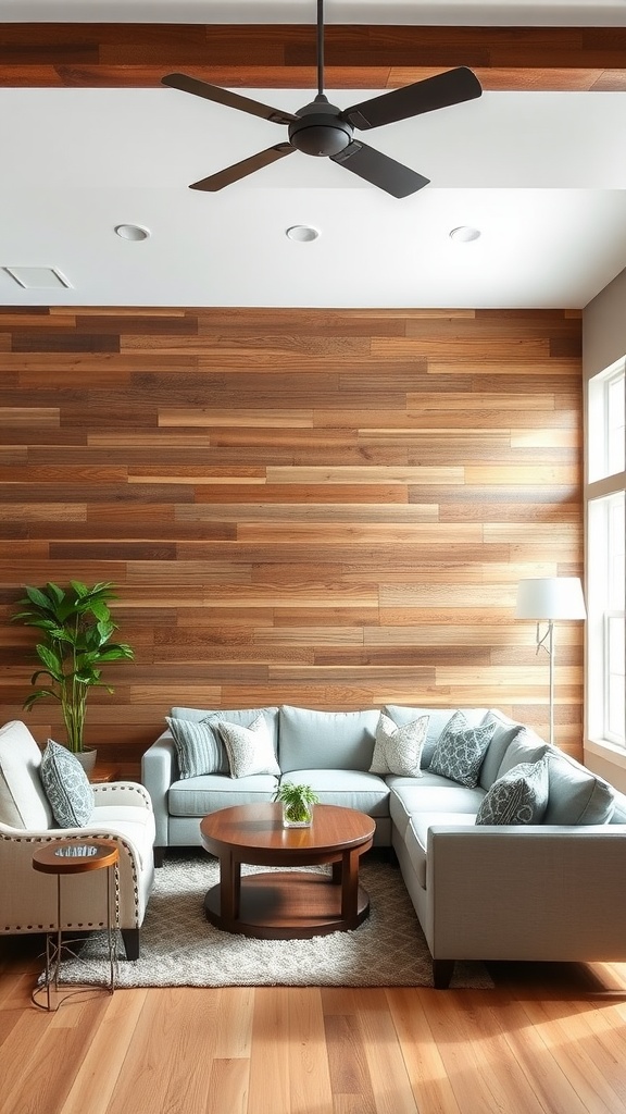 Living room featuring a reclaimed wood accent wall, gray sectional sofa, round coffee table, and indoor plant.