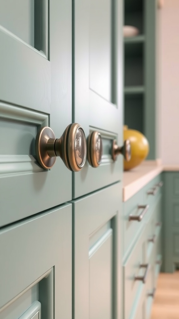 Close-up of green kitchen cabinets with stylish bronze knobs.