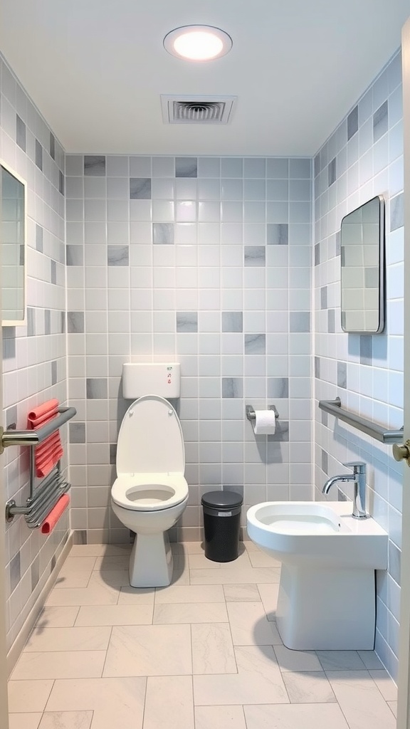 An accessible jack and jill bathroom featuring grab bars, a spacious layout, and good lighting.