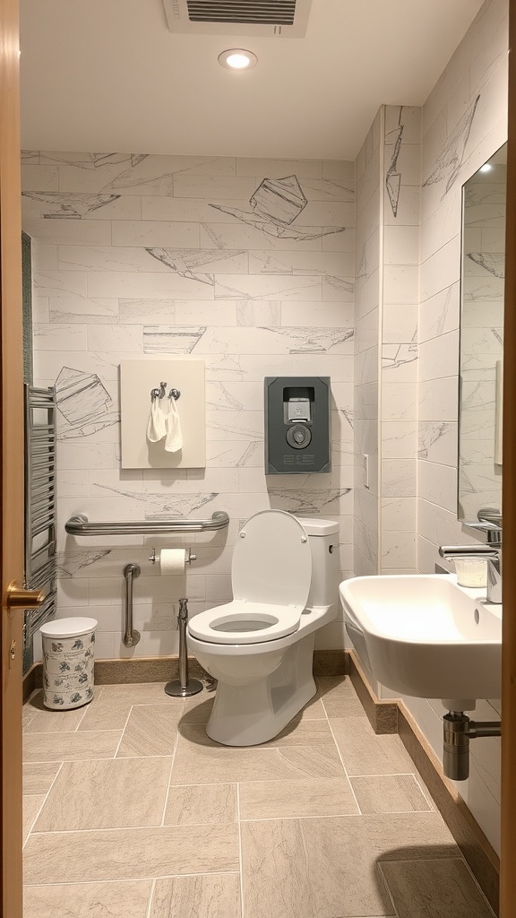 Accessible guest bathroom featuring grab bars, spacious layout, and low sink.