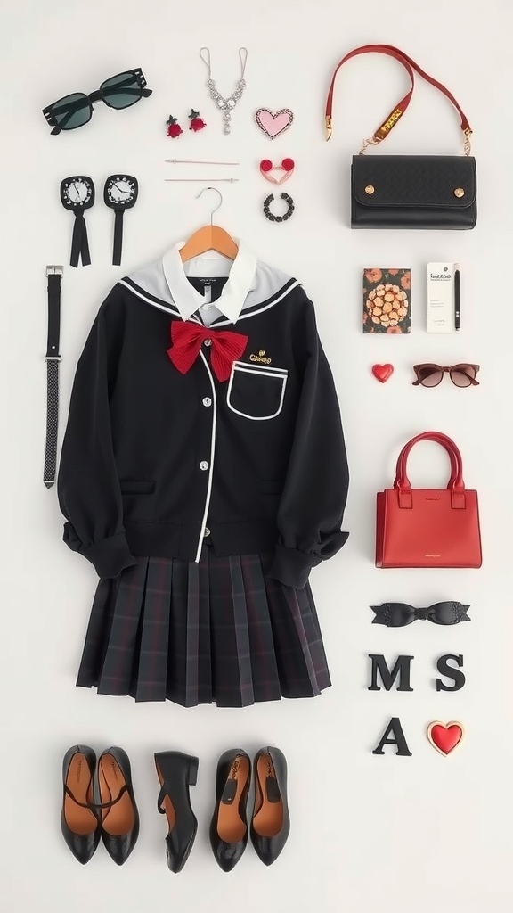 An arrangement of Japanese school outfit accessories including a uniform, shoes, bags, and jewelry.