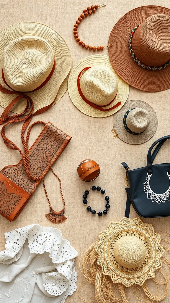 An assortment of boho accessories including hats, bags, and jewelry.