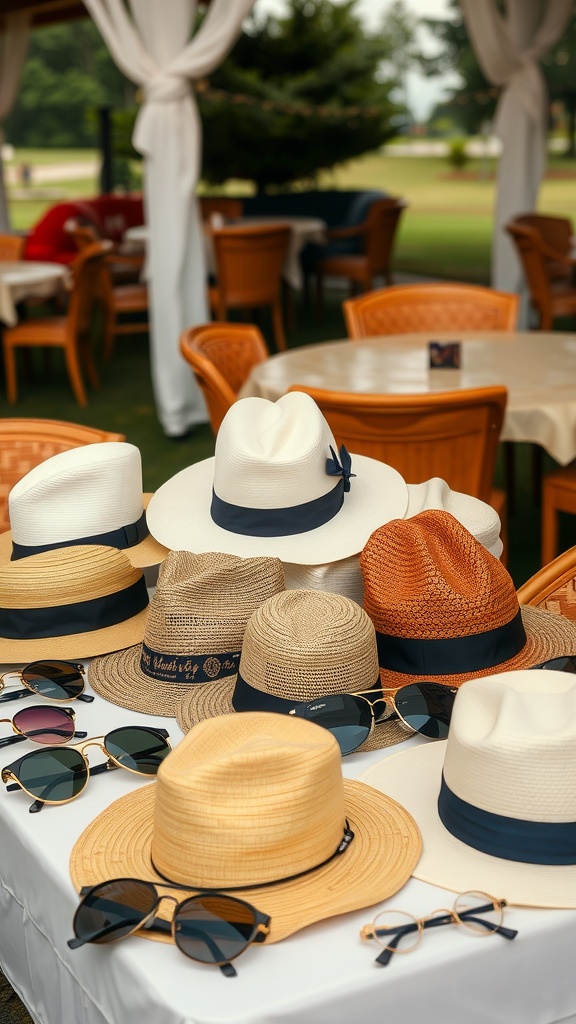 A selection of stylish hats and sunglasses displayed on a table at a country club.