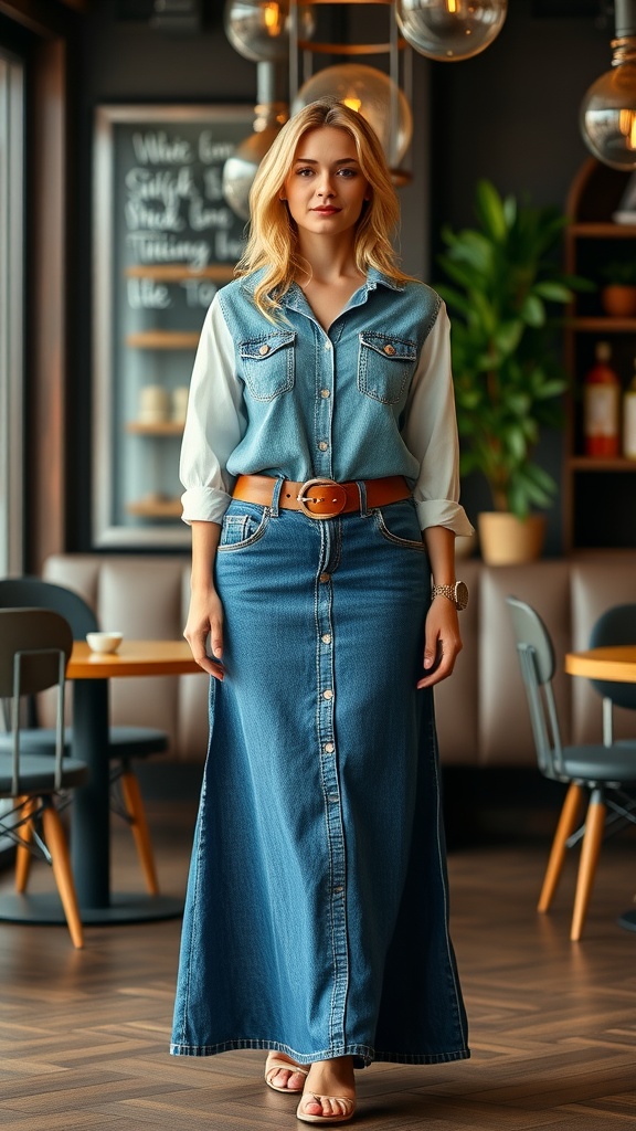 A woman wearing a denim maxi skirt and a light shirt, accessorized with a statement belt, standing in a cozy cafe.