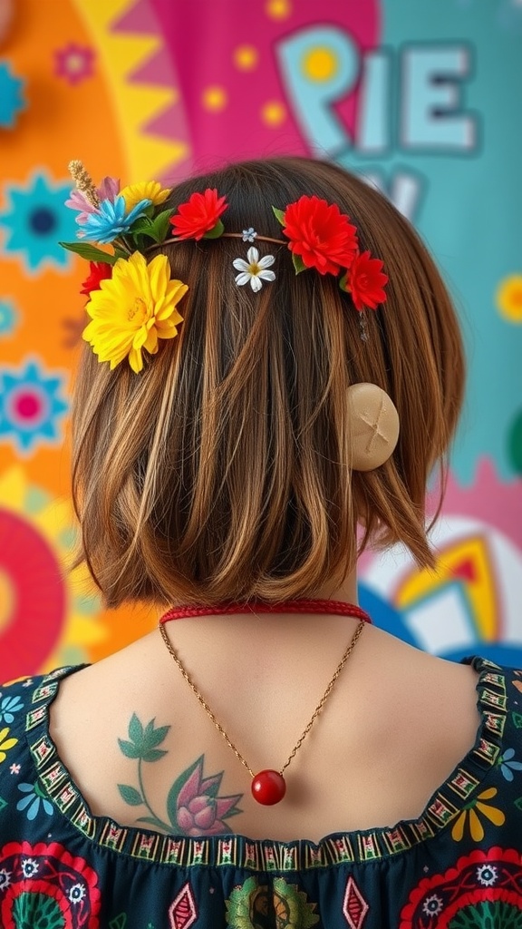 A woman with a bob haircut adorned with a colorful flower crown, showcasing a boho style.