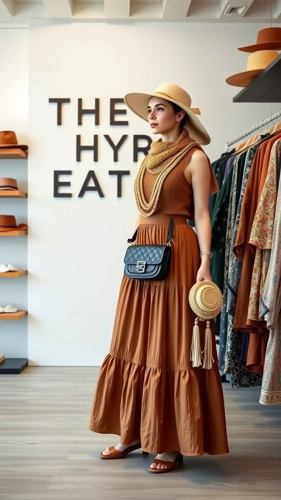 Woman wearing a brown maxi skirt with accessories including a wide-brimmed hat, layered necklaces, and a stylish handbag.