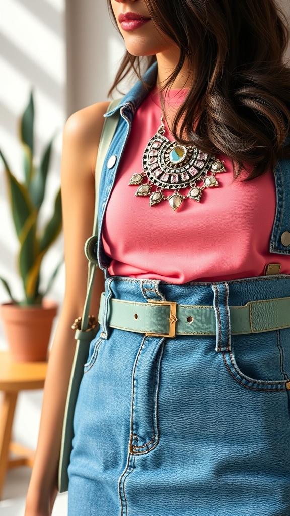 A woman wearing a denim skirt and a pink top, showcasing a bold statement necklace.