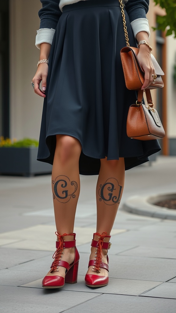 A stylish outfit featuring a dark midi skirt, red heels with unique lacing, and a chic handbag, accessorized with jewelry and visible tattoos.