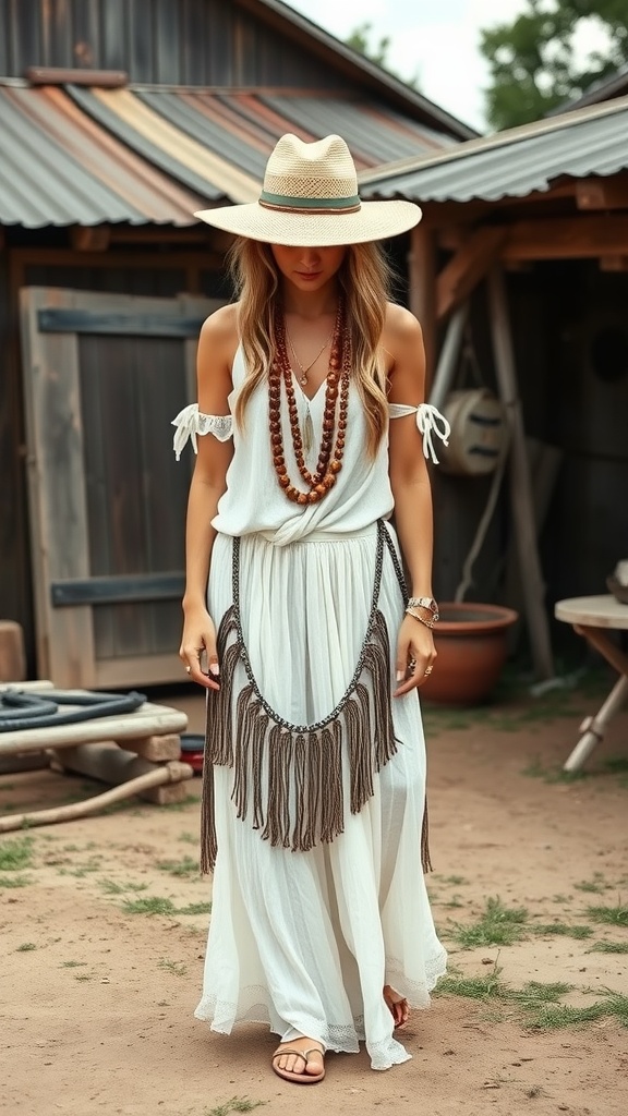 A woman wearing a white maxi skirt and accessories for a boho look