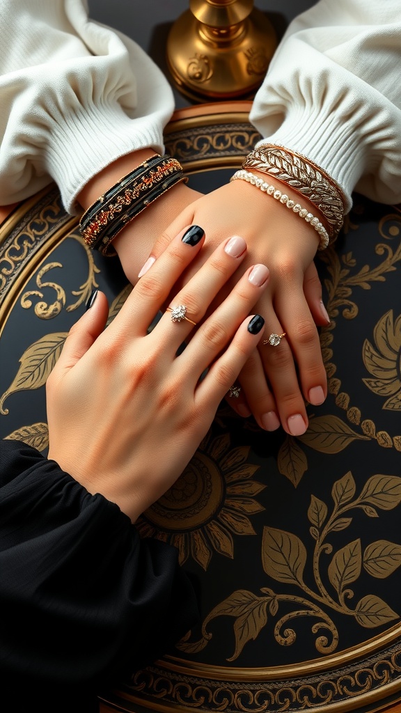 Two hands with black polka dot nails and accessories on a decorative table.