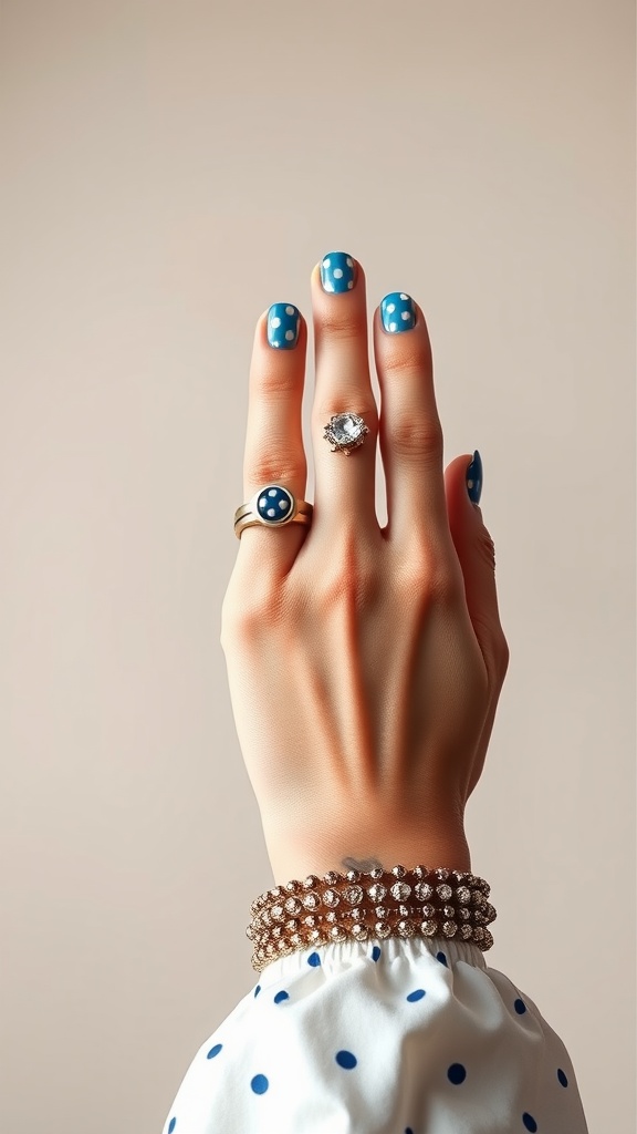 A hand with blue polka dot nails adorned with multiple rings and bracelets, showcasing a stylish and playful look.