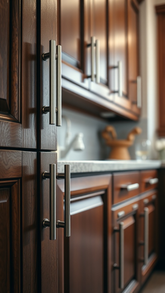 Close-up of modern stainless steel cabinet handles on brown kitchen cabinets.