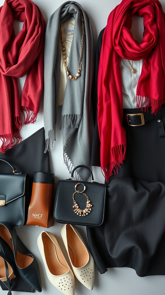 A flat lay of business casual outfit accessories including scarves, handbags, and shoes.