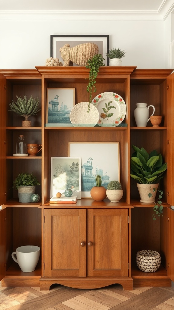 Wooden kitchen cabinet with decorative items, plants, and art pieces.