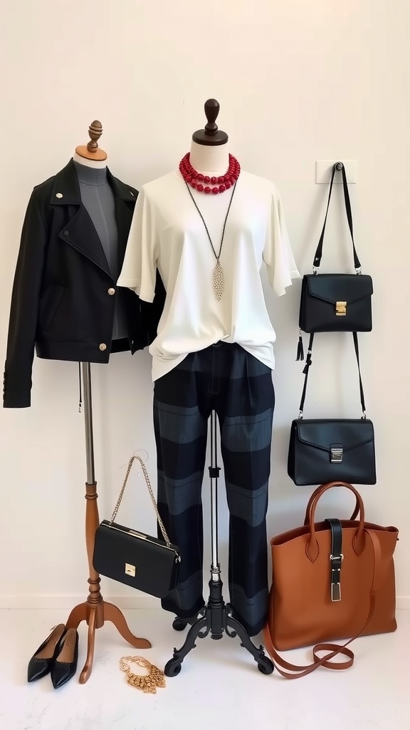A casual outfit featuring a white t-shirt, plaid pants, a black leather jacket, and various stylish handbags and accessories.