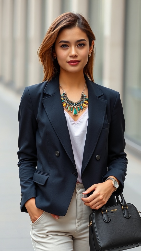 A woman wearing a navy blazer with a white t-shirt, adorned with a colorful necklace and holding a black handbag.