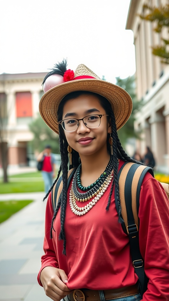 A college student wearing a red top, layered necklaces, and a straw hat with decorations, smiling outdoors.