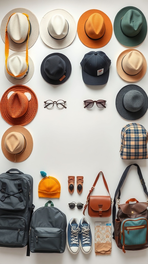 A collection of hats, bags, sunglasses, and sneakers laid out in a stylish arrangement