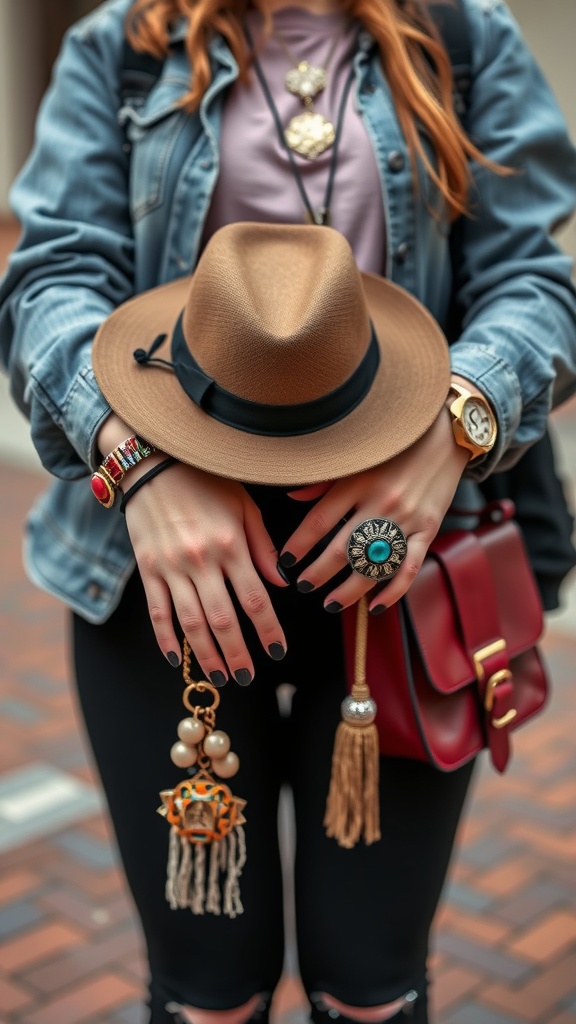 A person showcasing a stylish hat, colorful bracelets, and a statement ring, highlighting accessories that elevate their outfit.