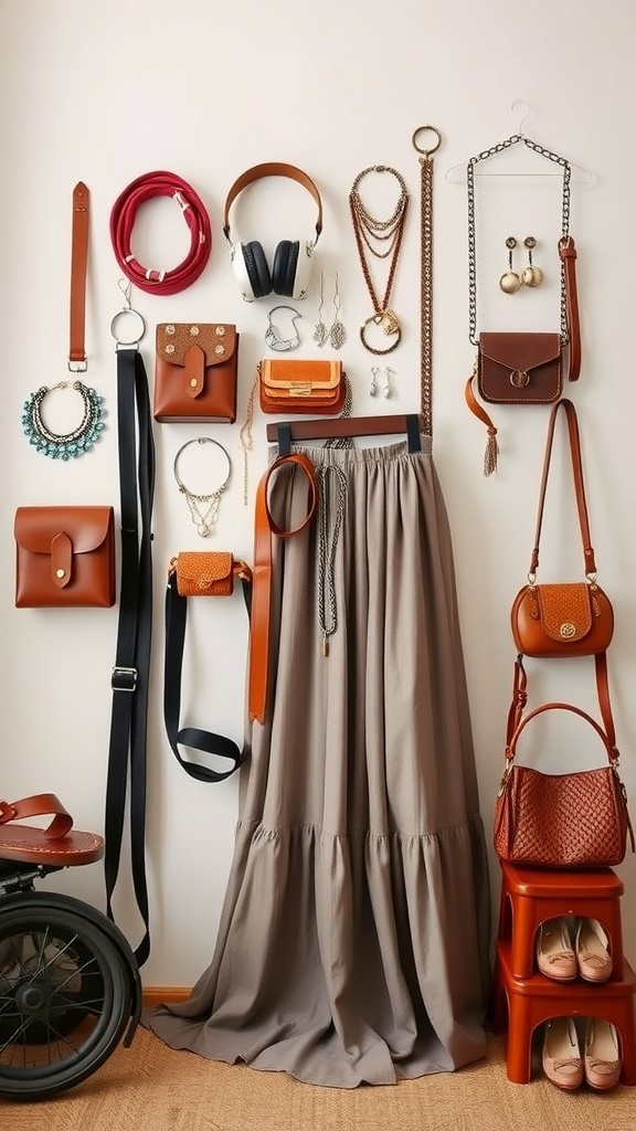A variety of accessories displayed alongside a grey maxi skirt, including belts, bags, and jewelry.