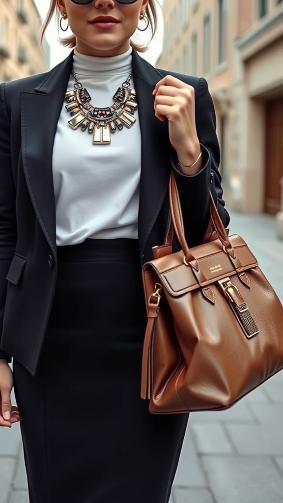 A stylish woman wearing a black pencil skirt, blazer, bold necklace, sunglasses, and holding a brown handbag.