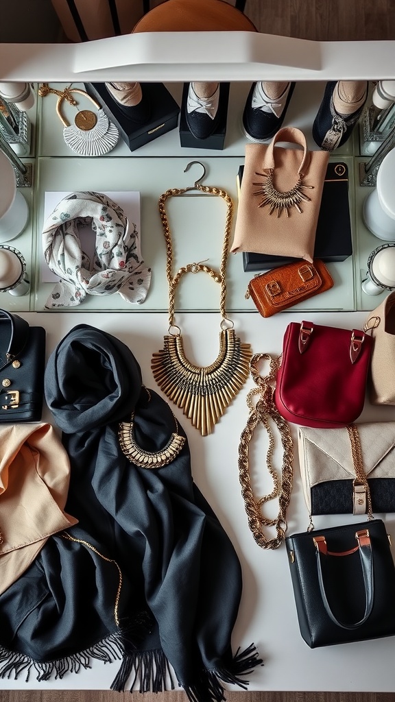A flat lay of various accessories including scarves, jewelry, and handbags, displaying a range of styles suitable for plus size business casual outfits.