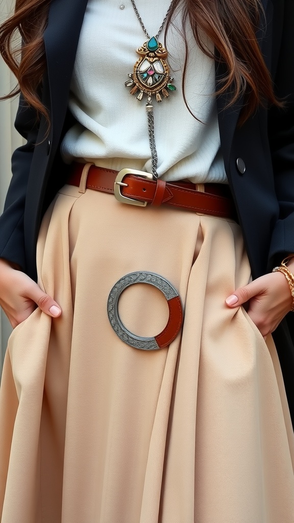 A stylish outfit featuring a beige skirt, brown belt, and a statement necklace, complemented by a blazer.