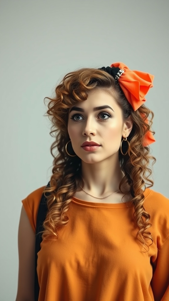 A woman with curly hair styled in a mullet, wearing an orange top and a large orange bow, showcasing a trendy hairstyle.