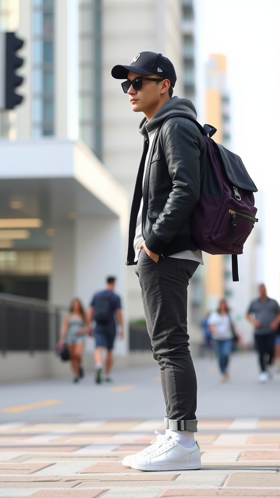A person wearing a leather jacket, hoodie, cap, and sunglasses, standing with a backpack in an urban setting.