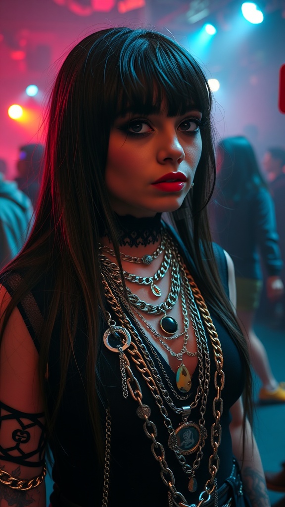 A woman at a goth rave wearing layered chains and pendants, showcasing a bold and edgy style.