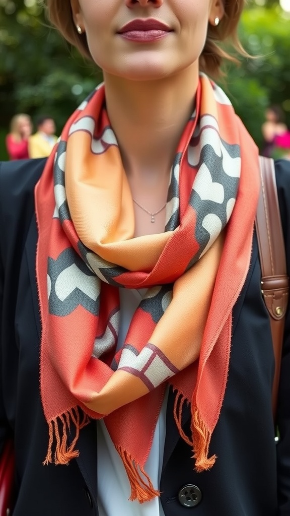 A woman wearing a light orange and gray patterned scarf, paired with a black blazer.