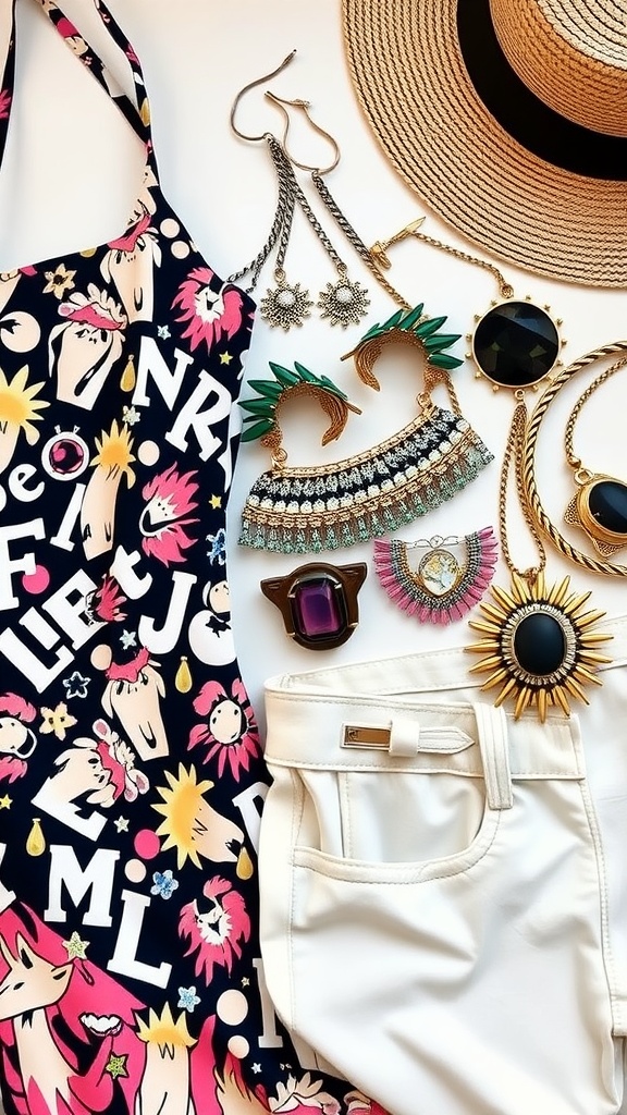 A colorful summer dress with statement jewelry and accessories arranged around it