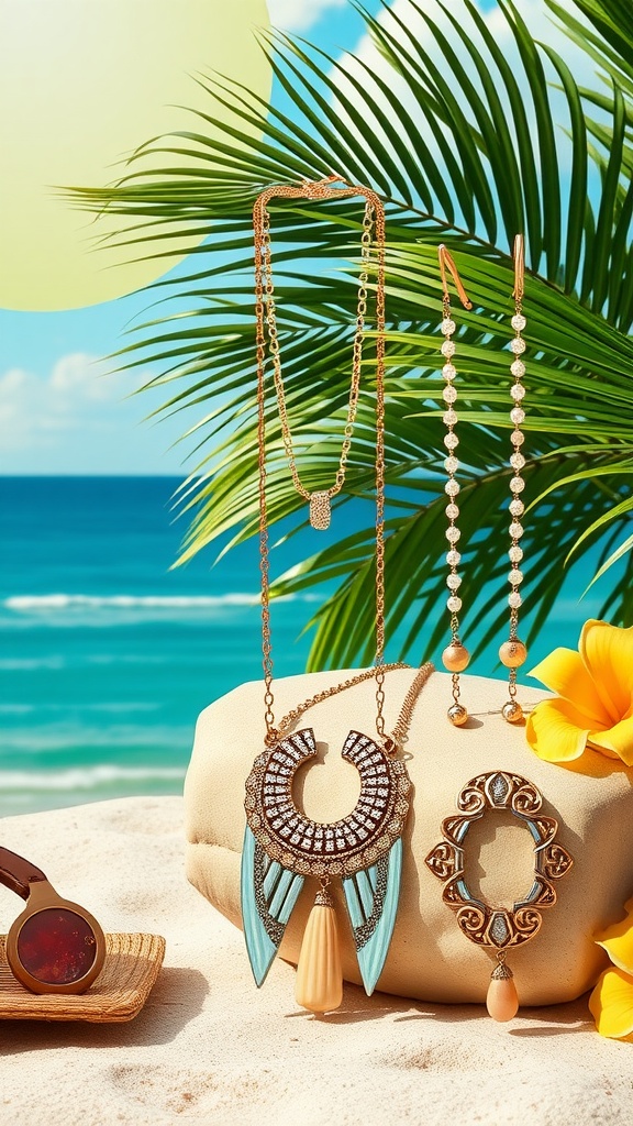 Display of statement jewelry including necklaces and earrings on a sandy surface with a tropical background