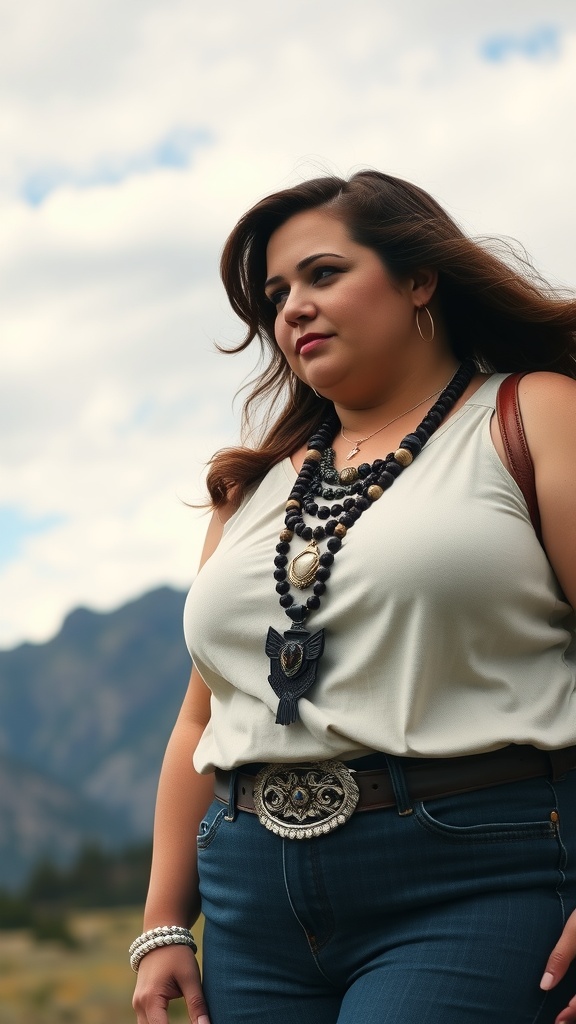 A plus-size woman wearing a stylish outfit with western-inspired jewelry, including a statement necklace and a chunky belt buckle, set against a mountainous backdrop.