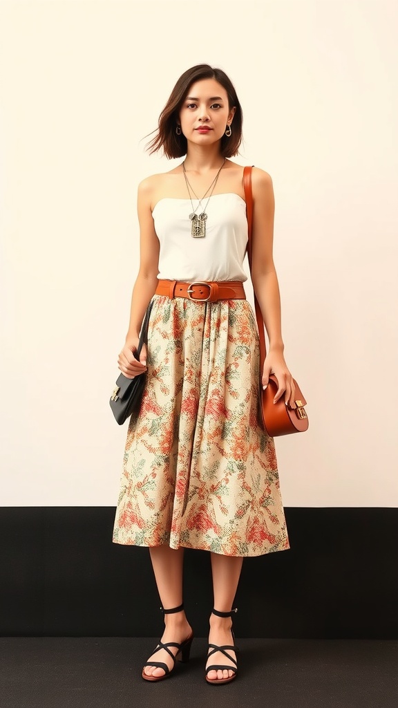 Model wearing a floral A-line skirt with a white top, brown belt, and accessories.