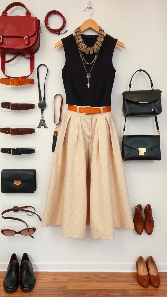 A collection of accessories including a light A-line skirt, black top, statement necklace, orange belt, handbags, and various shoes