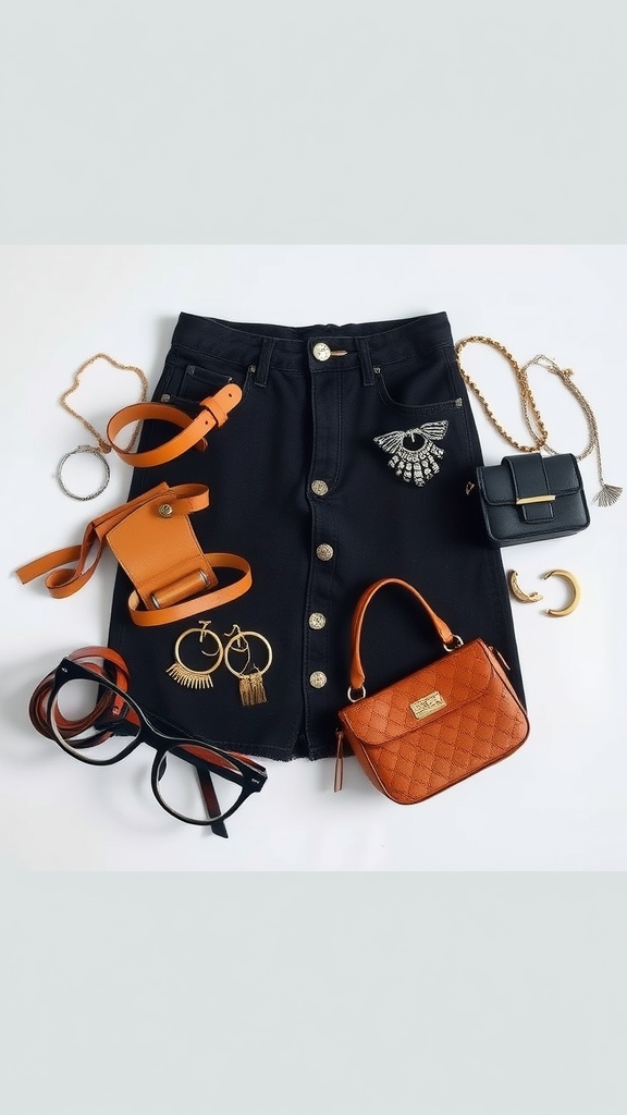 A black denim skirt surrounded by various accessories including an orange belt, earrings, a black handbag, and glasses.
