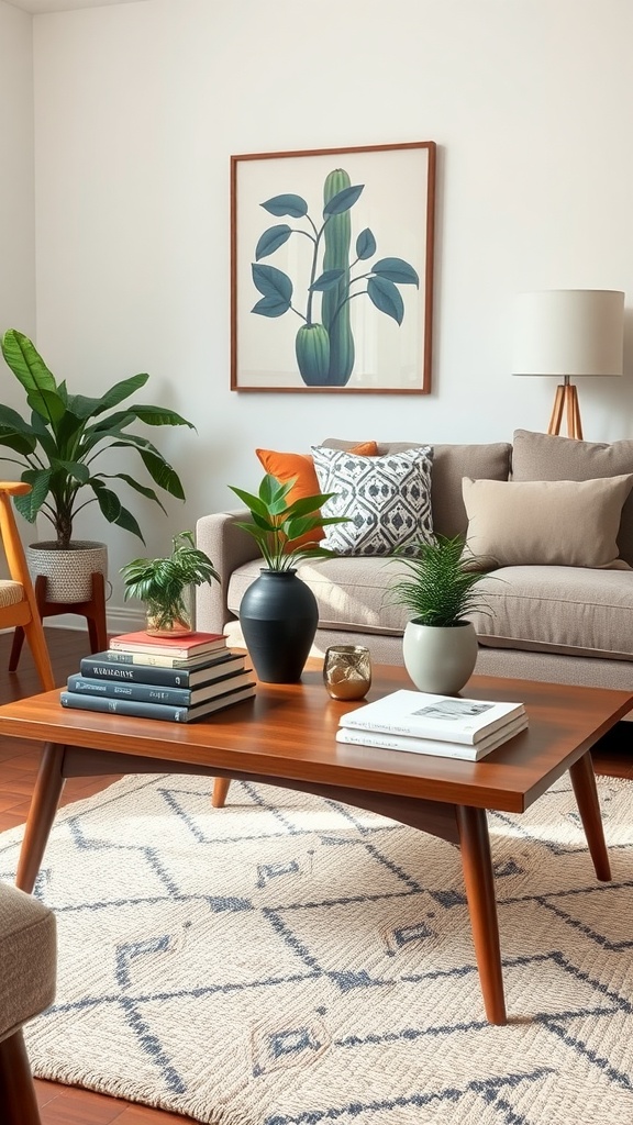 A mid-century modern coffee table accessorized with plants, books, and decorative items.
