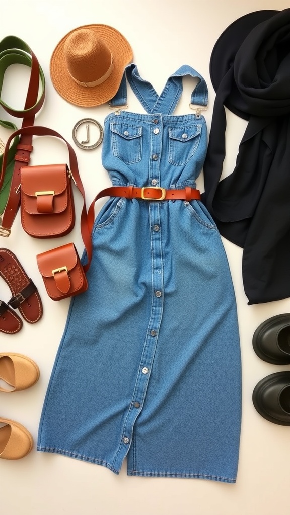 A denim maxi skirt styled with various accessories including a hat, belt, bags, and shoes.