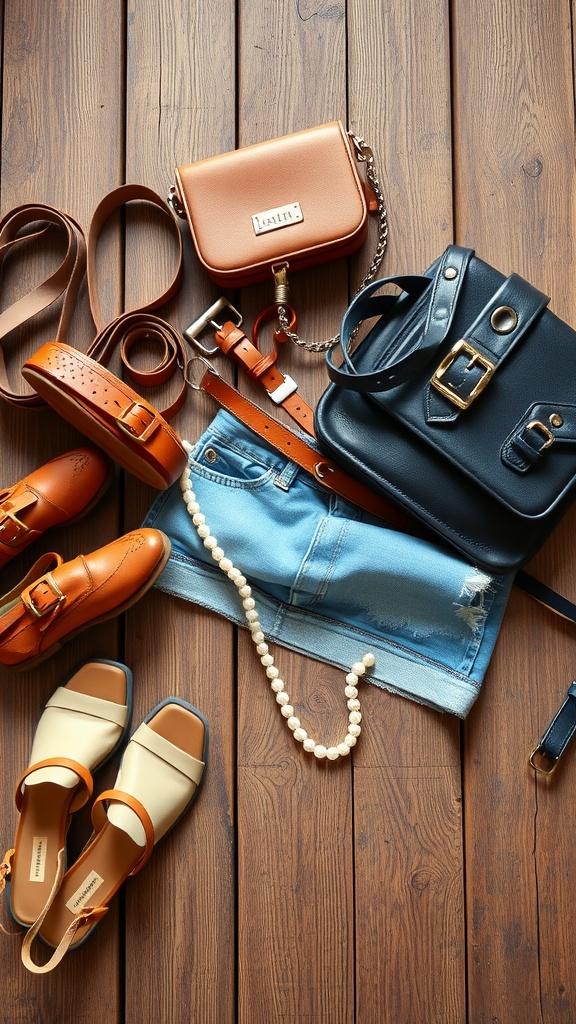 A flat lay of a denim mini skirt with various accessories including shoes, bags, and belts.