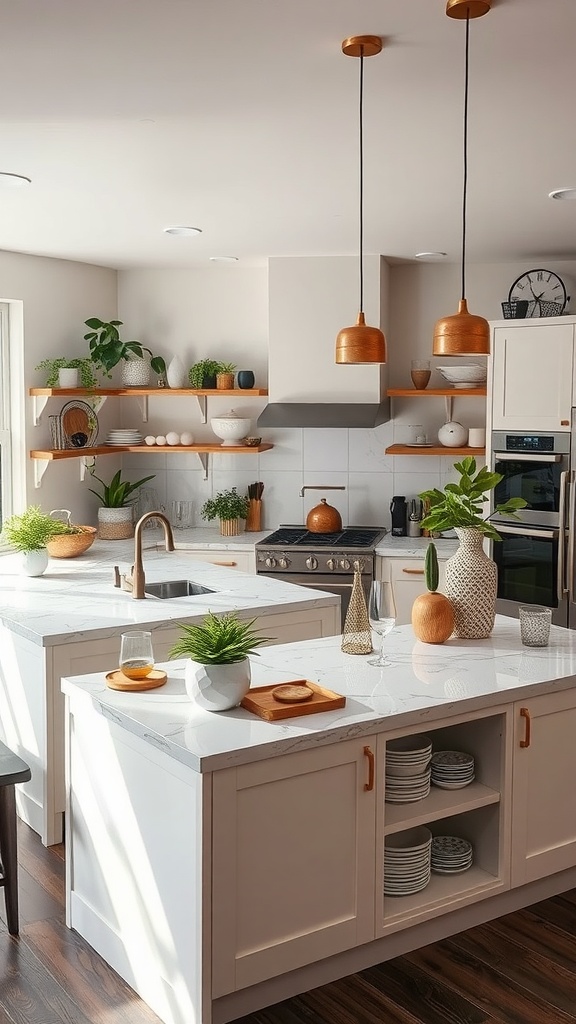 A stylish double island kitchen featuring plants, pendant lights, and decorative items on the islands.