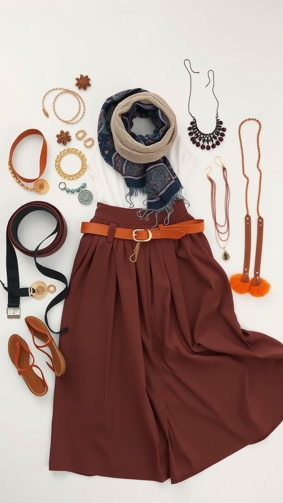 A collection of accessories including jewelry, belts, and shoes arranged with a rust-colored maxi skirt and a white top.