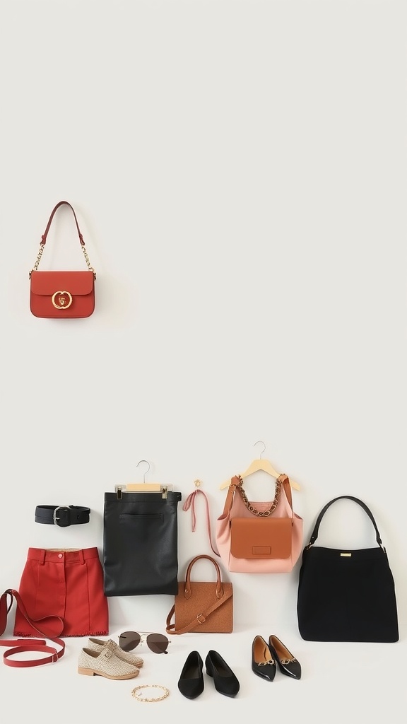 An arrangement of accessories including bags, shoes, and jewelry suitable for styling a mini pencil skirt.