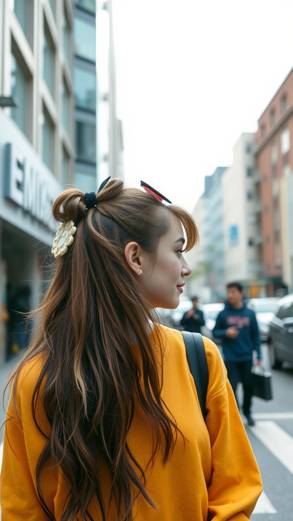 Woman with long mullet hairstyle showcasing fun hair accessories.