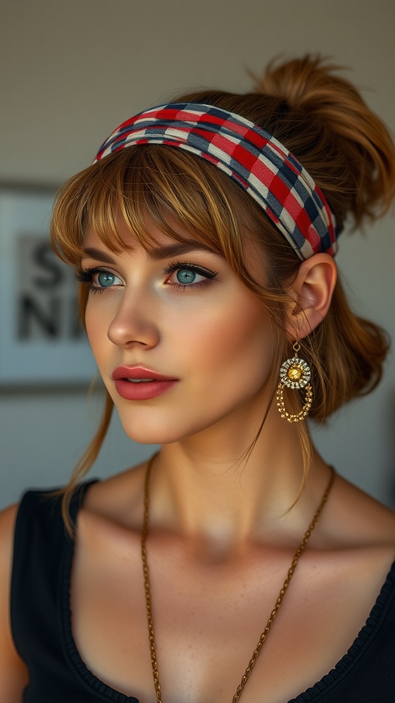 A woman with a soft mullet hairstyle, wearing a plaid headband and statement earrings, showcasing her stylish look.