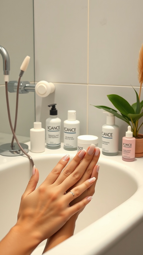 Acrylic nails being cared for in a bathroom setting with nail care products in the background